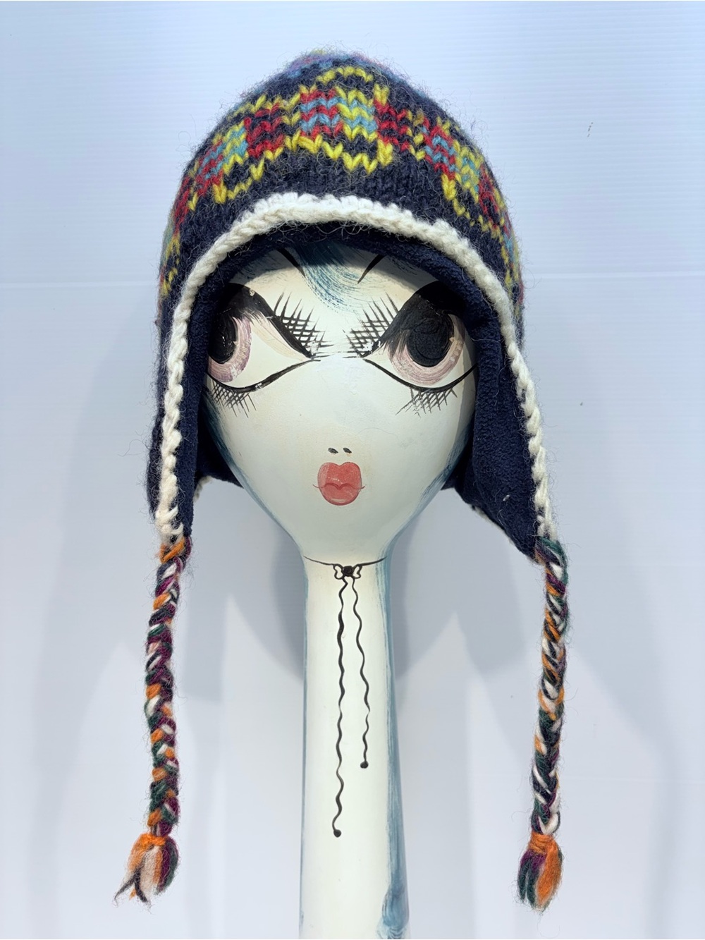 Adult Earflap Knit Hat in Navy with Multicolor Pattern, Lined in Fleece